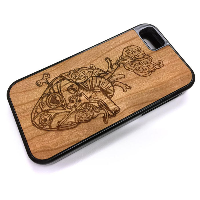 Steampunk Heart 01 iPhone Case Carved Engraved design on Real Natural Wood - For iPhone X/XS, 7/8, 6/6s, 6/6s Plus, SE, 5/5s, 5C, 4/4s