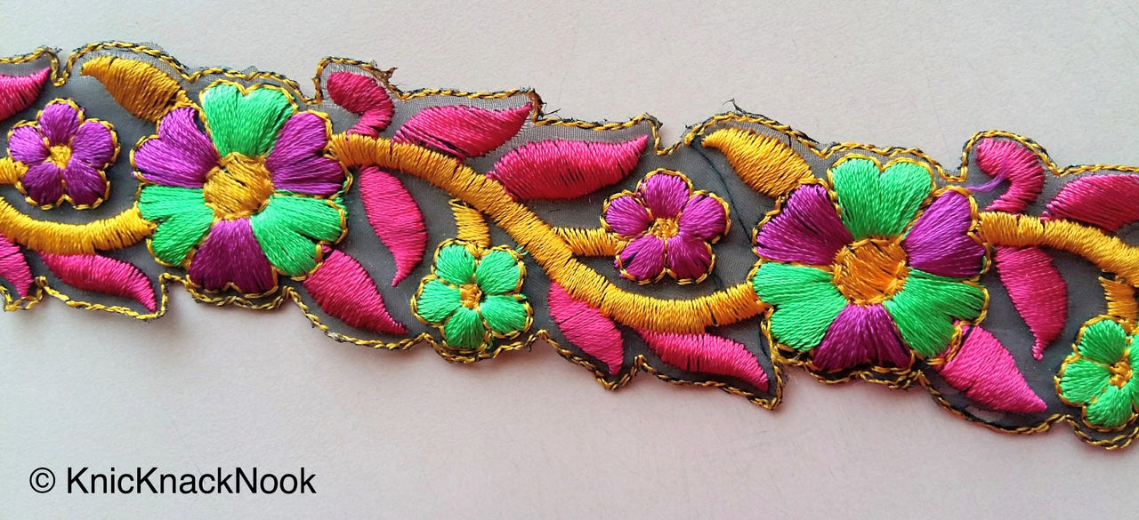 Black Sheer Fabric Trim With Orange, Pink And Green Floral Embroidery, 36mm wide - 200317L438