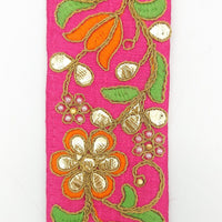 Thumbnail for Rose Pink Fabric Trim In Green, Orange & Gold Floral Embroidery, Beaded Gota Patti