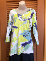 Hailey Abstract Top | Navy, lime, aqua and white abstract top  V neckline  3/4 sleeve  Small - Large