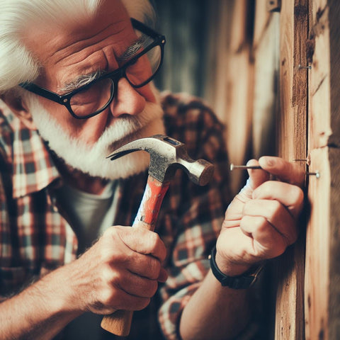 an old man install a nail to hang a clock