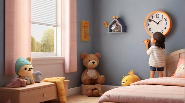 child watching wall clock in her bedroom