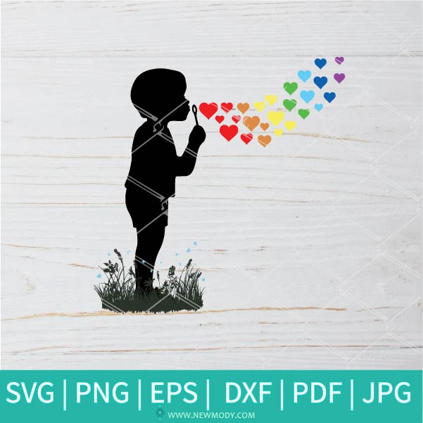 Download Little Boy Blowing Rainbow Hearts SVG - Window decal - Blowing bubbles