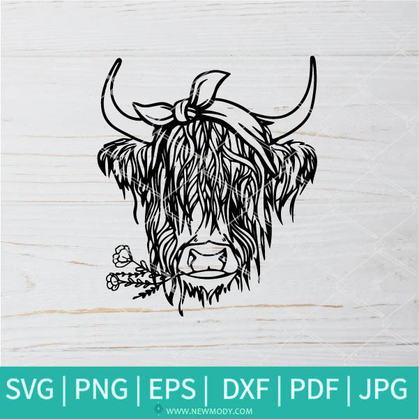 Highland Cow With Bandana Outline SVG - Heifer SVG - Cow With Bandana