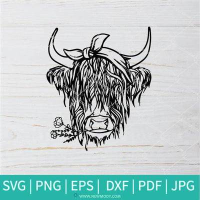 Highland Cow With Bandana Outline SVG - Heifer SVG - Cow With Bandana ...