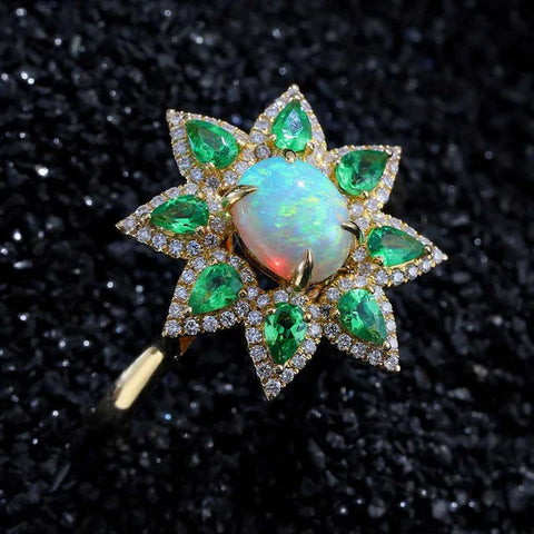 Flowers Design Semi-Black Opal Diamond Tsavorite Engagement Ring 18K Yellow Gold