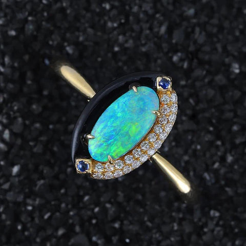 Yin-Yang Semi-Black Opal Diamond Sapphire Engagement Ring 18K Yellow Gold