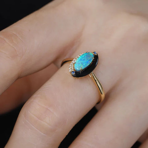 Yin-Yang Semi-Black Opal Diamond Sapphire Engagement Ring 18K Yellow Gold