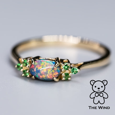 Australian Black Opal & Tsavorite Garnet Engagement Wedding Ring 14K Yellow Gold Promise Ring