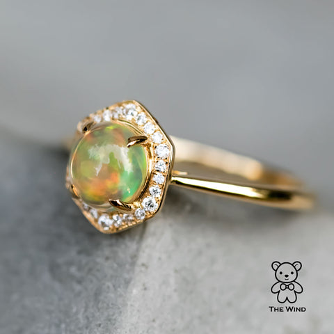 The Hexagon Fire Opal Halo Diamond Engagement Ring