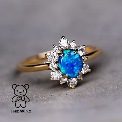 Snowflake Design Australian Black Opal & Diamond Engagement Wedding Ring 18K Yellow Gold