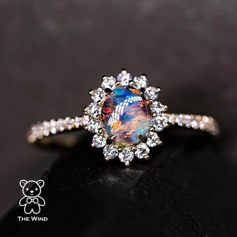 Exquisite Australian Black Opal & Halo Diamond Engagement Wedding Ring 18K Yellow Gold