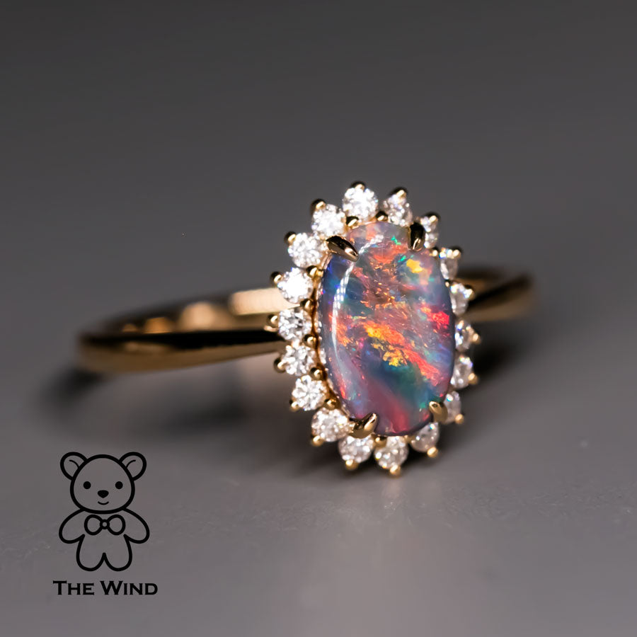 Black Opal Halo Diamond Engagement Ring 18K Gold | The Wind Opal