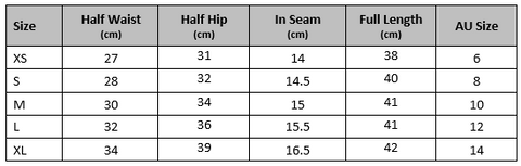 scrunch bum bike shorts size guide