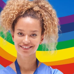 An NHS nurse with a rainbow background