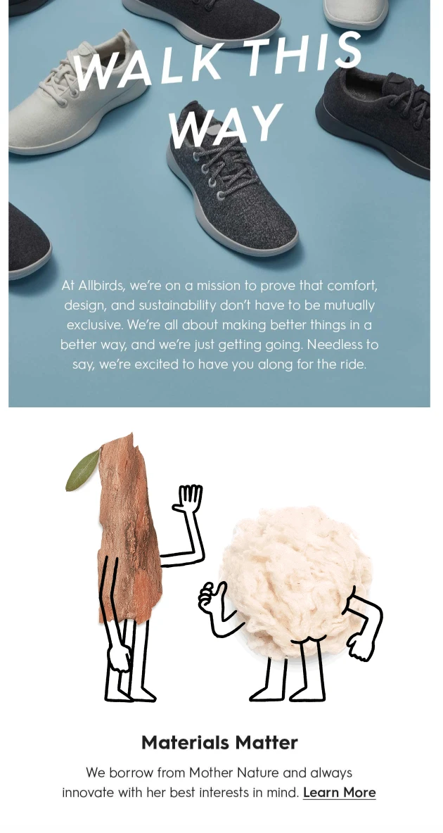 Allbirds 的欢迎邮件中显示其独特的品牌标识和内容