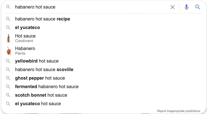 Habanero hot sauce 在谷歌搜索栏的搜索结果