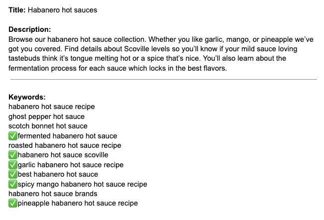 Habanero hot sauces 将关键词融入其网站页面