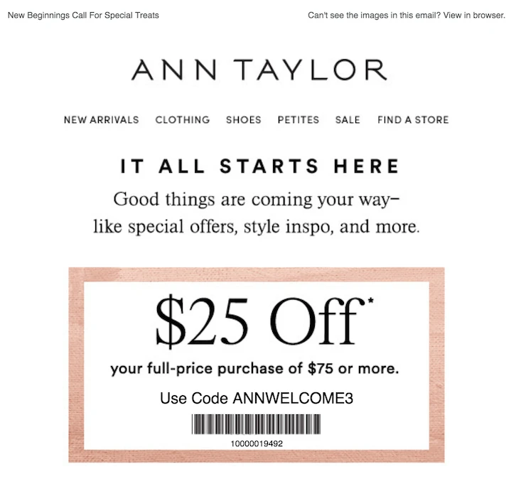 ANN Taylor 在欢迎邮件中添加优惠券