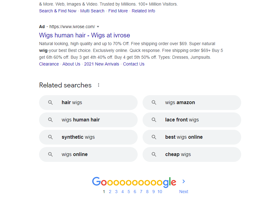  在谷歌的相关搜索栏中寻找Wigs的长尾关键词