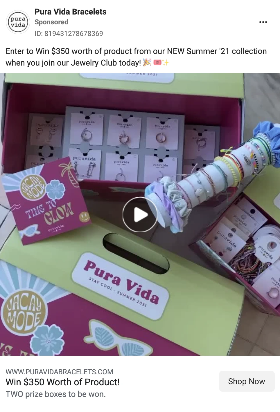 Pura Vida 在其 Instagram 广告中使用视频广告形式