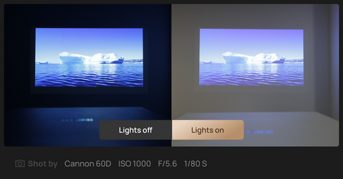 The photo compares the same projector with different light conditions shot by Cannon 60 D