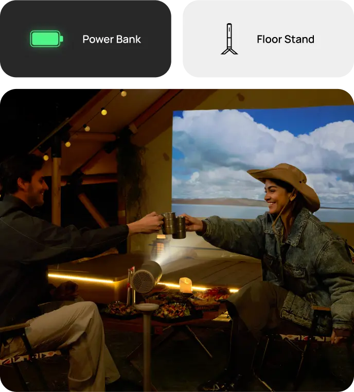 MoGo 4 + PowerBase Stand Bundle -  Smart 1080p Projector On-the-Go The PowerBase Stand combines the versatility of a floor stand with the longevity of a powerful battery, giving you a worry-free, big-screen viewing experience anytime, anywhere.  Power Bank Floor Stand
