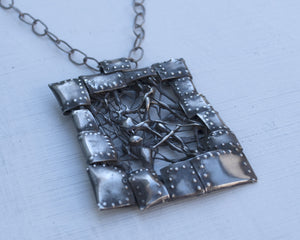 Large rectangular silver pendant with chain inspired by doilies. unisex pendant.