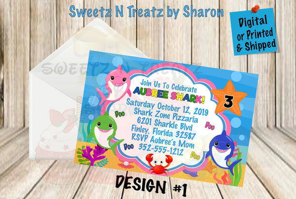 Baby Shark printable and customized invitations 