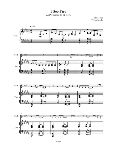 I See Fire Sheet Music Violin Piano 92 Keys