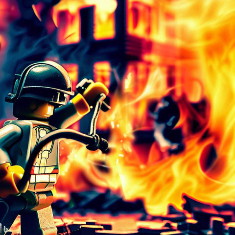 Lego minifigure fireman putting out a fire