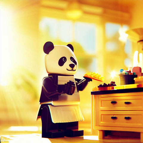 Lego minifigure Panda in the kitchen