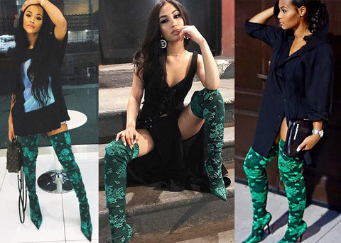 Balenciaga Thigh High Green Floral Boots