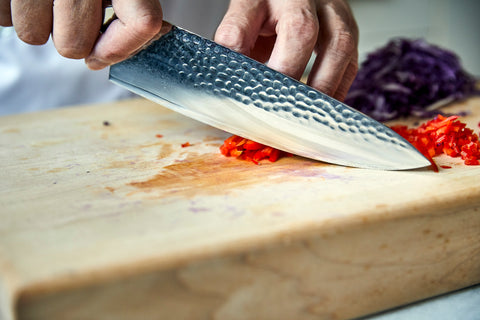 Chopping peppers with Kizaru Kanji Kitchen Chef Knife
