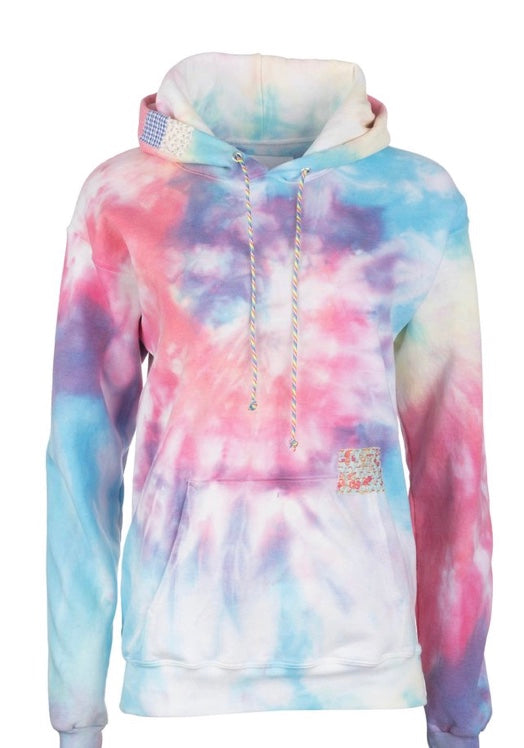 patchwork tie dye hooded sweatshirt