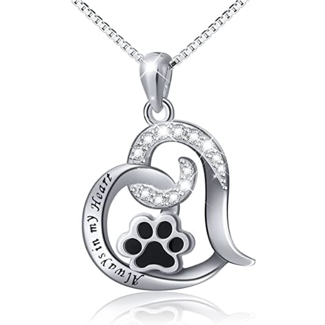 Sterling Silver Cute Paw Print Forever Love Heart Pendant Necklace ...