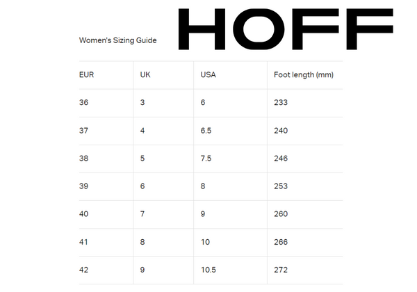 HOFF sandals and trainers size chart - Women
