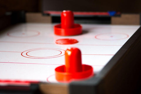 Air hockey table close up.