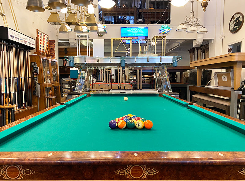 Shot of the Blatt Billiards New York Showroom within, with pool table.