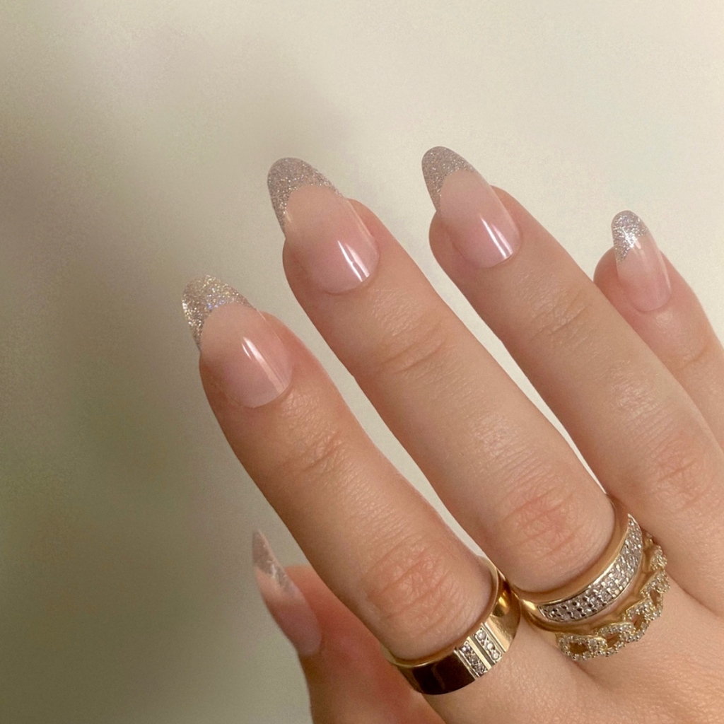 silver glitter french tip almond nails