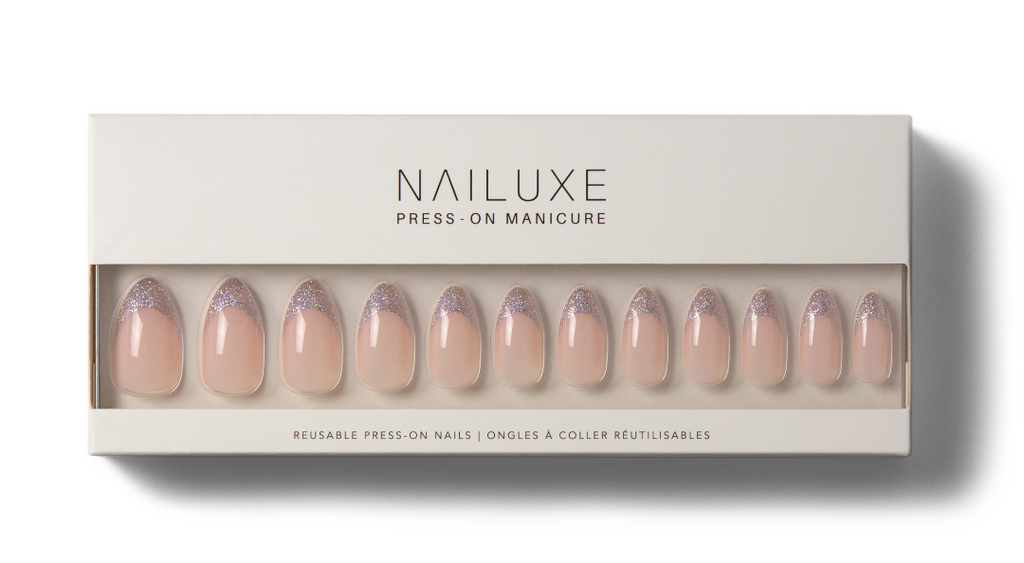 Nailuxe Reusable Press On Manicure in style Lunar (glitter french tip almond nails)