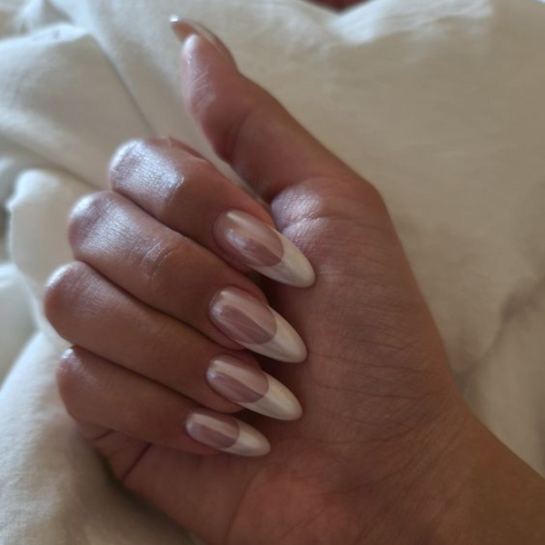 glazed almond french tip manicure