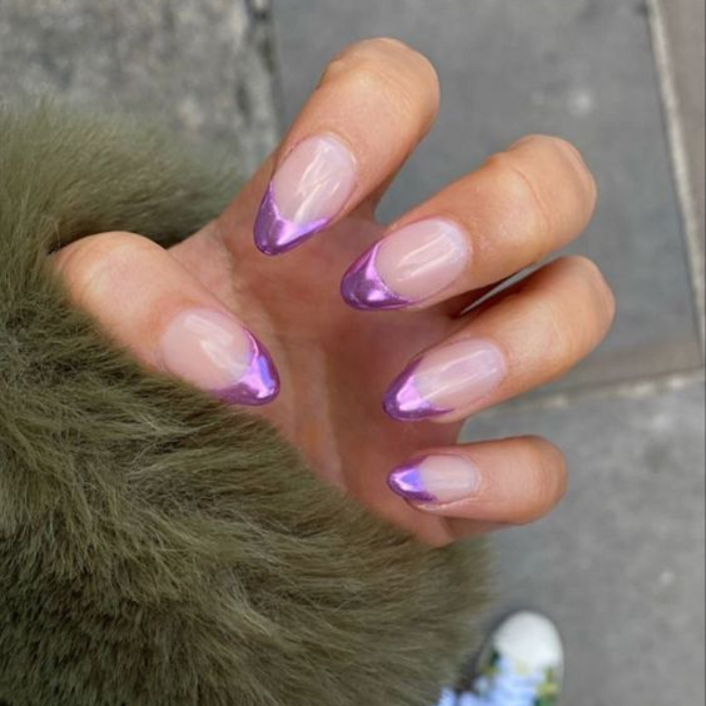 purple metallic french tip almond nails with green fur jacket