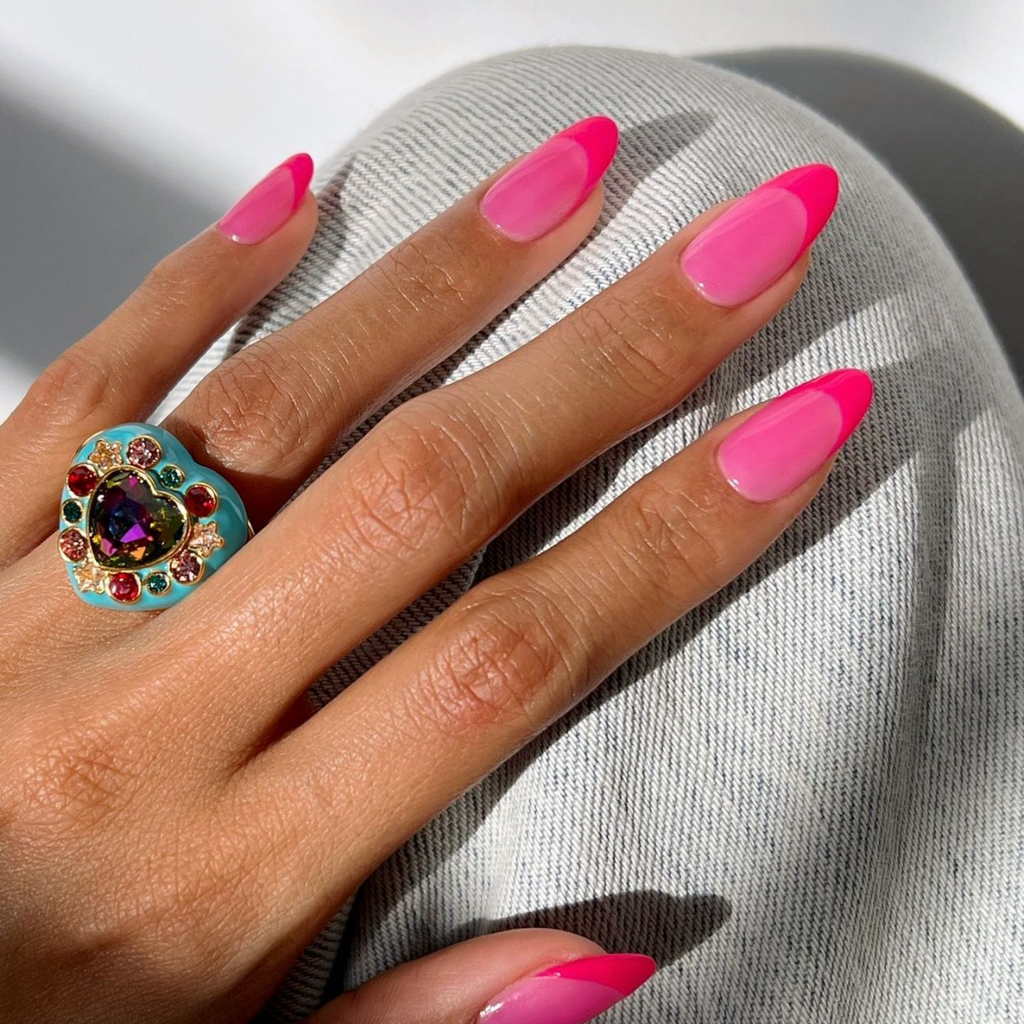 hot pink jelly effect french nails with neon pink tips