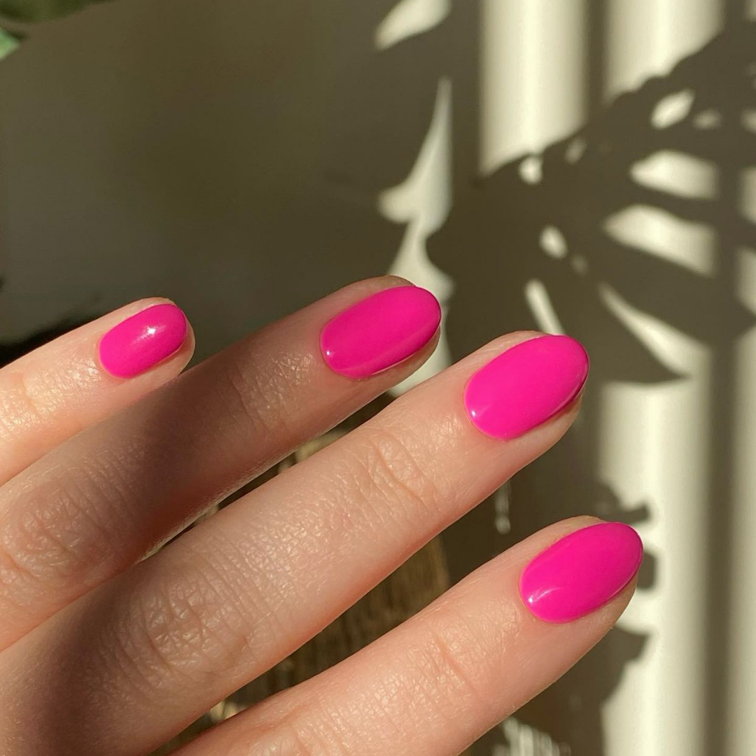 short round hot pink nails 