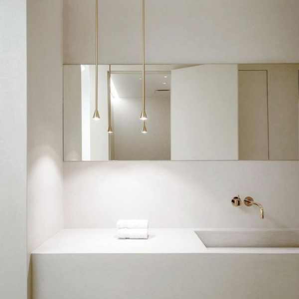 minimal bathroom with vanity and mirror in off-white colour