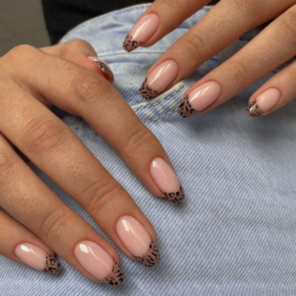 short round french tip nails in leopard print pattern