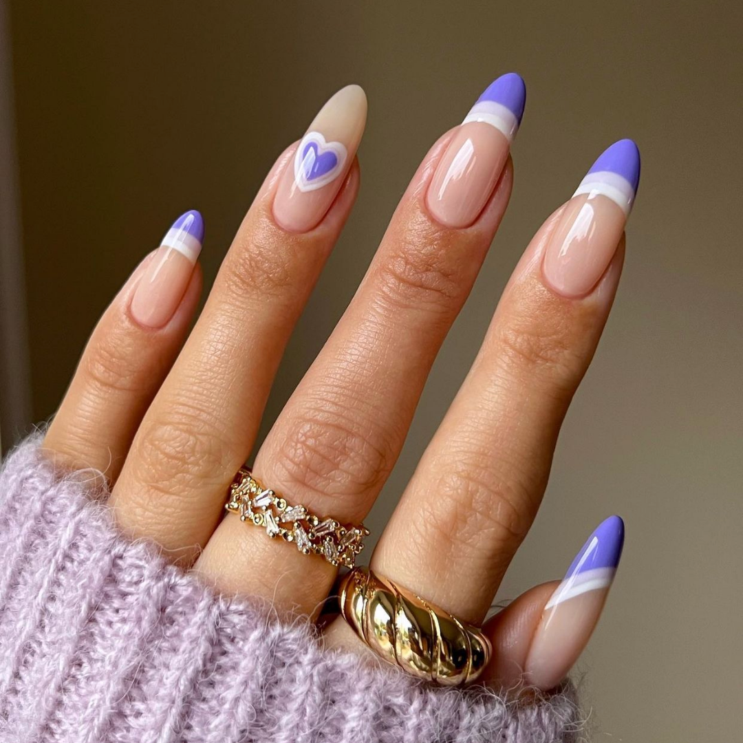 long almond nails with purple heart and purple french tips 