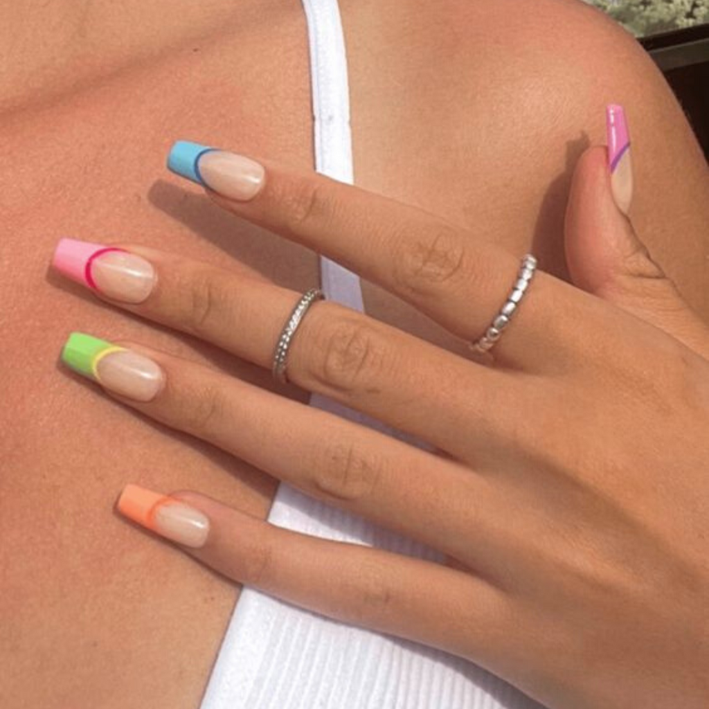 bright and colourful two toned french tip long coffin nails