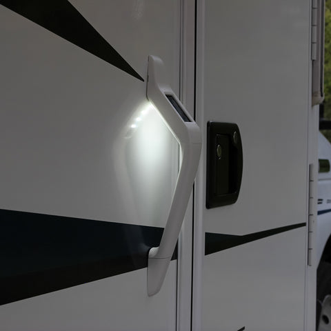 ITC Attune Solar Powered LED Handle on an RV lit up at night